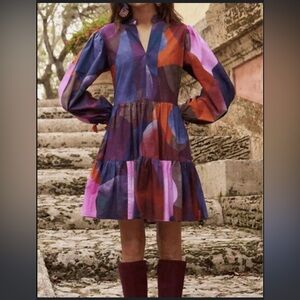Oliphant Art Yoke Multicolor Cotton Watercolor Dress Size Large Lined